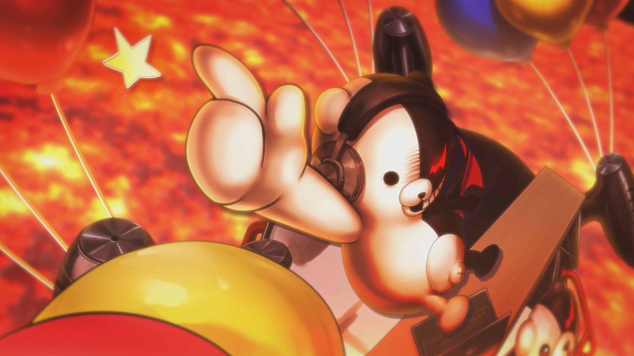 Monokuma in a Danganronpa 2x2 cinematic, floating above a tropical stage with balloons