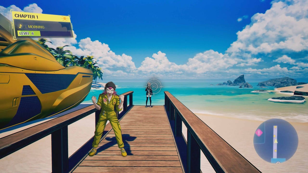 Jabberwock Island pier in Danganronpa 2x2 with Kazuichi Soda, Hajime Hinata, and the in-game HUD